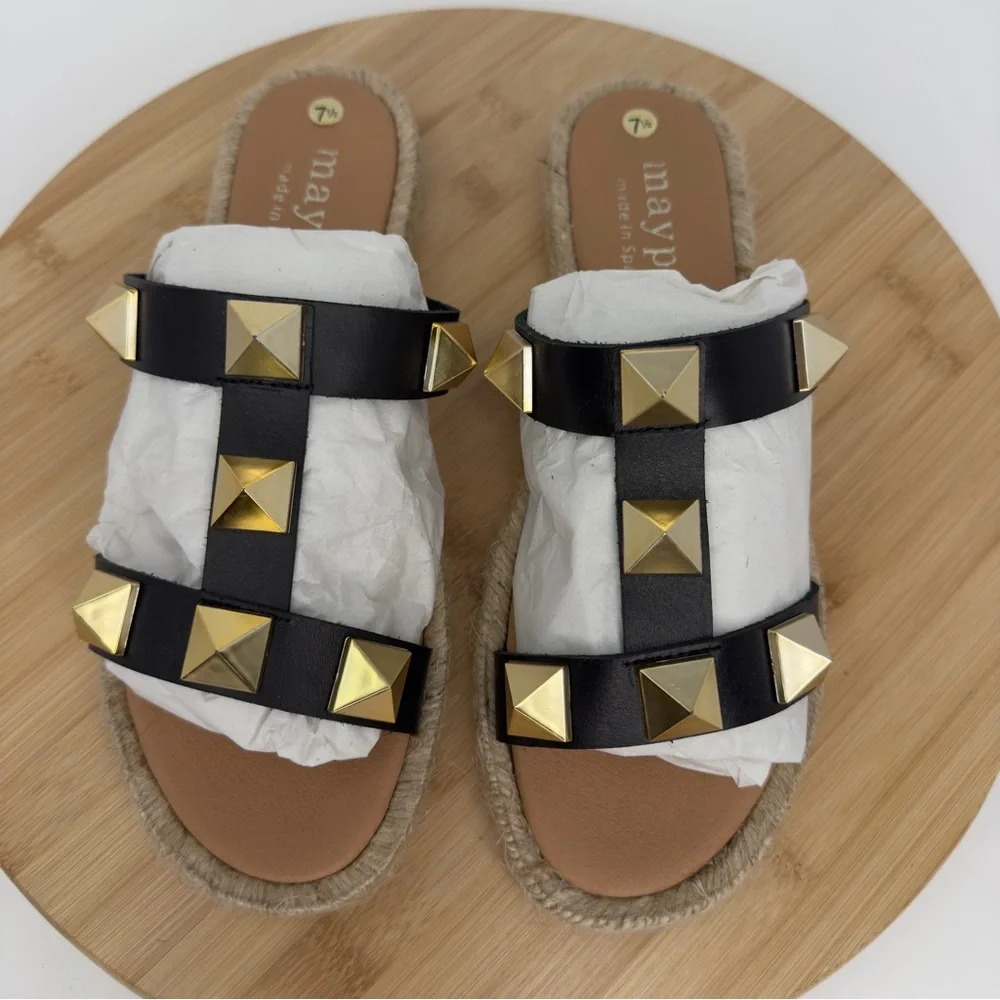 Maypol Black Leather Studded Espadrille Sandals | Size 7.5 | Made in Spain‎